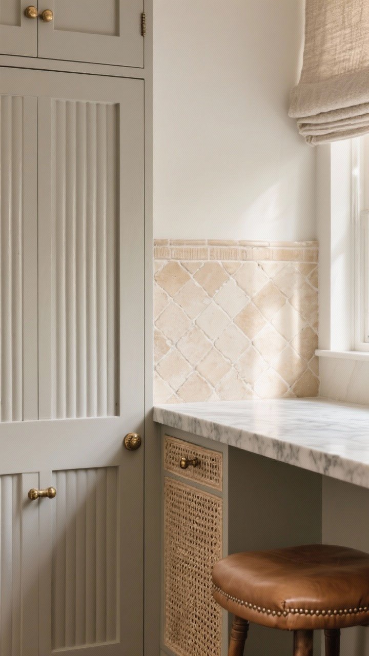 Closeup detail shot of a beige kitchen vignette focusing on layered textures: matte greige cabinet door with a reeded/fluted panel next to a section of hand-cut beige zellige backsplash, a slice of honed marble counter meeting a leathered quartzite island edge, and brushed knurled brass pulls; include a woven Roman shade edge and linen-upholstered bar stool seat in the background; soft morning side light grazing the surfaces to reveal texture; photorealistic, no people.