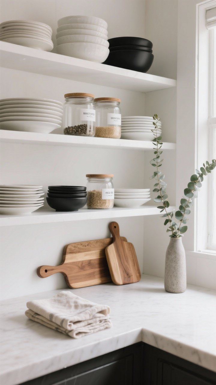 Closeup detail shot of curated open kitchen shelves styled like a minimalist Instagram wall: stacked neutral dinnerware in white, stone, and matte black, clear glass storage jars with chic labels holding dry goods, a couple of warm wood cutting boards and folded linen napkins for texture, and a small trailing pothos next to a slim vase of eucalyptus. Arrange objects using the rule of thirds (tall, medium, small), leave visible white space, and keep a tight palette of white, wood, and matte black. Soft natural window light, straight-on view, photorealistic.
