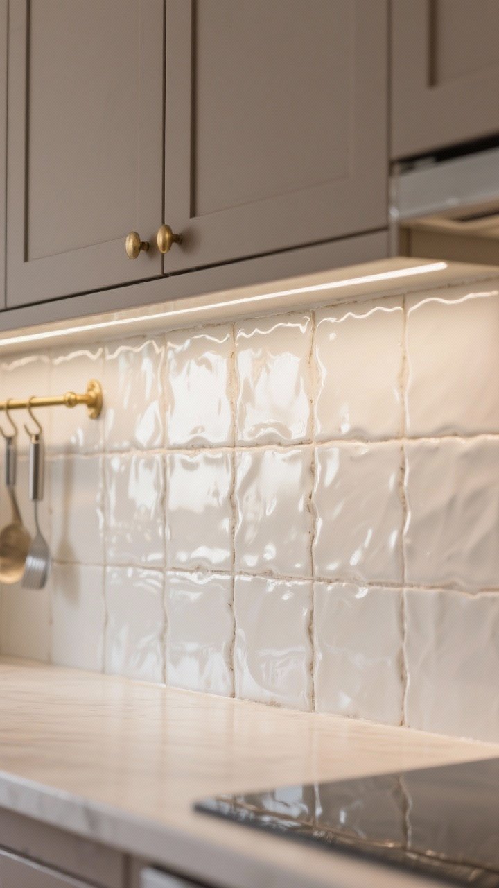 Closeup detail shot of handcrafted zellige tiles (4x4) in soft white with glossy, uneven glaze and slightly wavy surface, tight grout lines closely matched in color, reflections dancing across the tile from under-cabinet lighting, juxtaposed against matte taupe cabinet fronts for contrast, a slim brass rail with a couple of small utensils lightly out of focus, mood is Parisian bistro meets modern kitchen, luminous and textured