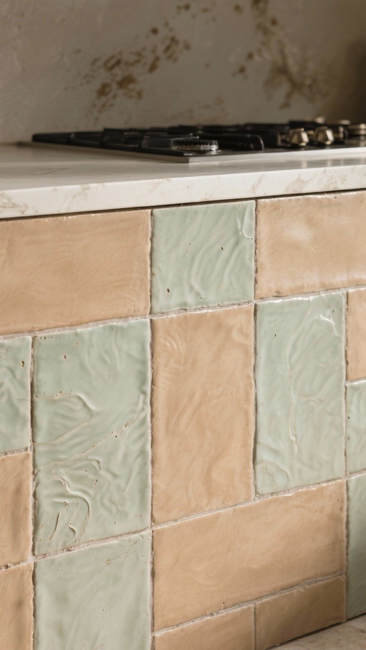 Closeup detail shot of matte zellige tiles in mixed sizes (2x6 and 4x4) in warm mushroom and soft sage tones, with subtle hand-pressed imperfections and gentle variation in tone; tinted grout closely matched to the tile color; soft, shimmery natural light grazing the rippled matte surface to blur smudges; a barely-there hint of a sealed, splatter-prone area behind a range, photorealistic, no people.