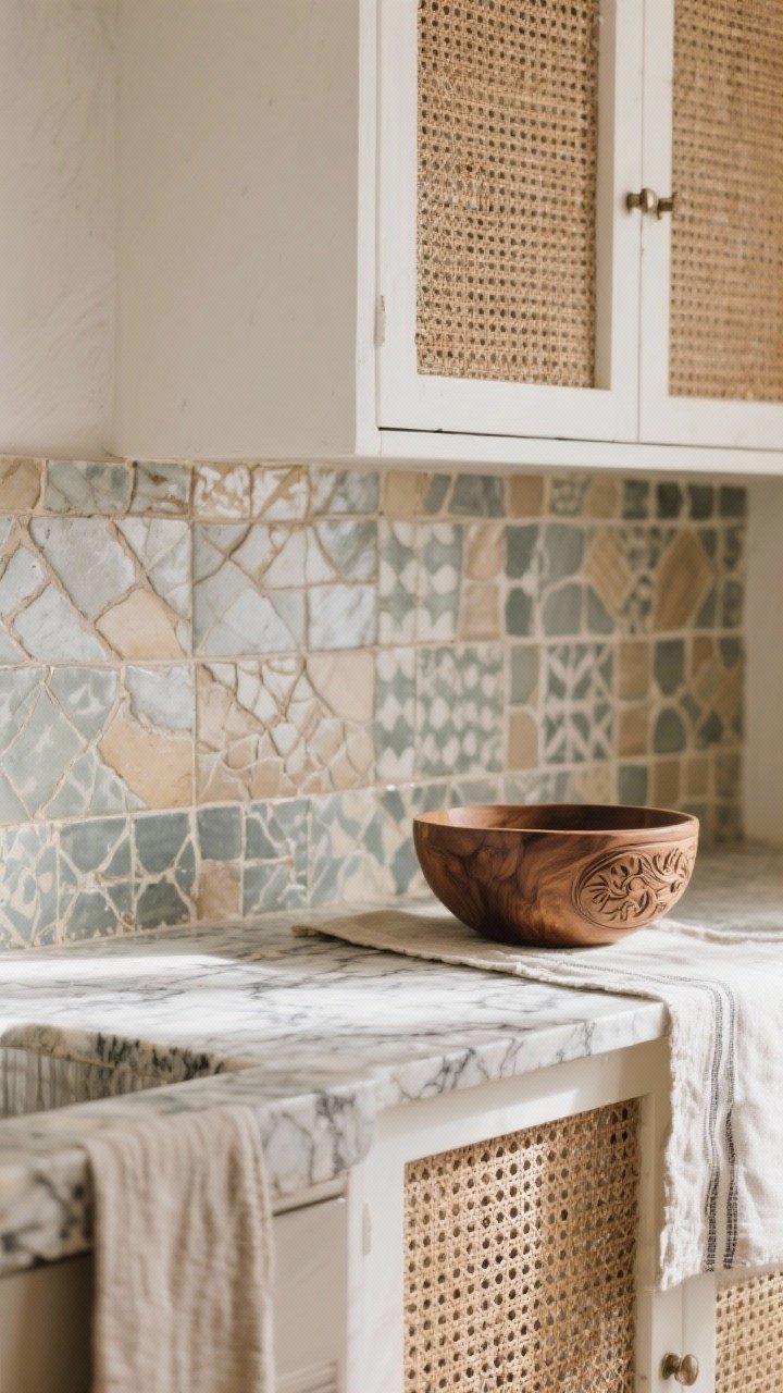 Closeup detail: Texture showcase—honed veined stone countertop edge meeting a handmade-look zellige backsplash with subtle variation, plus a woven cane-front cabinet door nearby. Add a linen runner corner and a carved wood bowl on the counter. Soft daylight grazing the surfaces to reveal texture and depth.