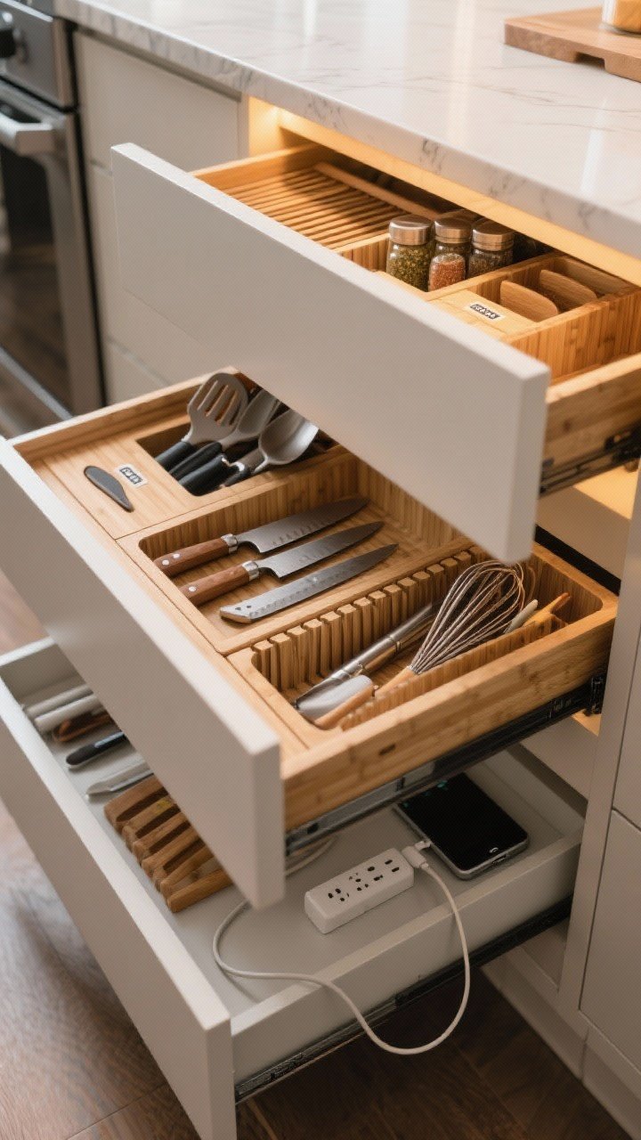 Closeup drawer shot: open kitchen drawers with custom inserts—knife drawer insert holding blades safely, expandable utensil tray separating spatulas, whisks, tongs, angled spice drawer organizer with labels visible, and a charging drawer with a built-in power strip neatly routing phone/tablet cords; warm under-cabinet lighting emphasizing tidy compartments and textures of bamboo inserts