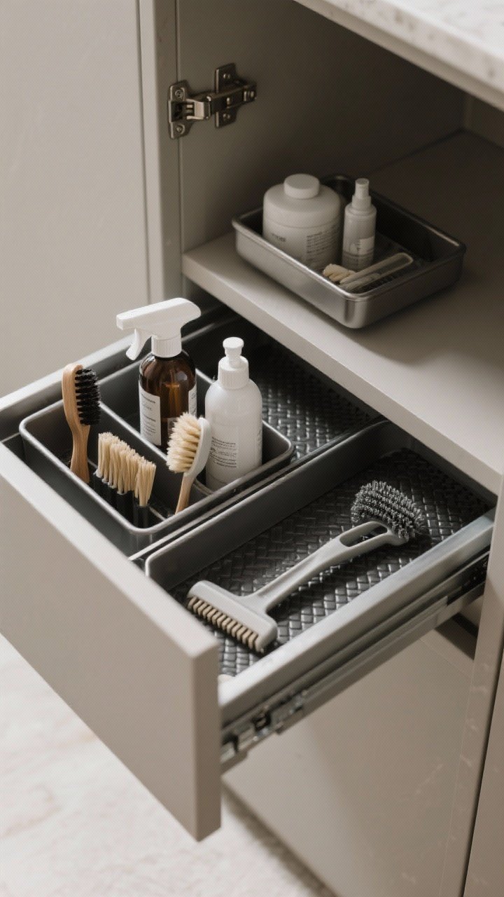 Closeup, front-facing shot of slim pull-out trays extending from the front of the cabinet; low-sided trays with a textured rubber liner keep upright bottles and sprays stable, alongside neatly arranged brushes, a squeegee, and handheld scrubbers; a back tray holds refill items; focus on glide hardware clearance at the hinges; neutral cabinet interior, matte metal tray frames, soft directional lighting creating subtle highlights on the rubber liner pattern.