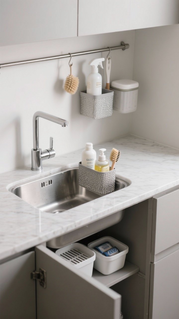 Closeup of a minimalist sink zone: a stainless steel undermount sink with a ventilated, self-draining sink caddy holding one dish soap, one hand soap, and one brush; no extra bottles. Under-sink cabinet door ajar revealing a tension rod with hanging spray bottles and brushes, plus lidded bins for refills and dishwasher pods. Cool, clean lighting reflecting off a quartz countertop and satin nickel faucet. Hygienic, clutter-free aesthetic with subtle water bead texture on caddy.