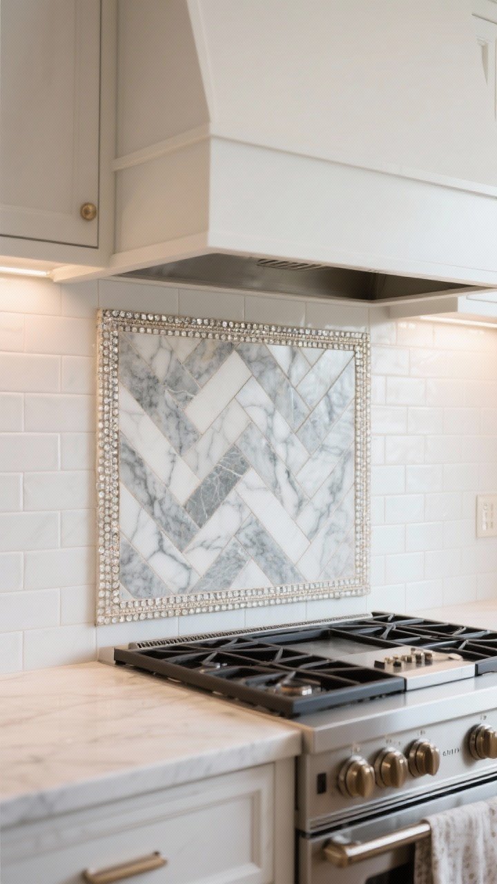 Closeup of a natural stone mosaic feature panel behind a range: marble herringbone mesh-backed sheets framed with delicate pencil trim. The rest of the wall transitions to a simpler large white field tile. Sealed stone has a soft satin look; subtle under-cabinet lighting brings out veining and texture. Grout lines clean, small area with big impact “jewelry” effect.