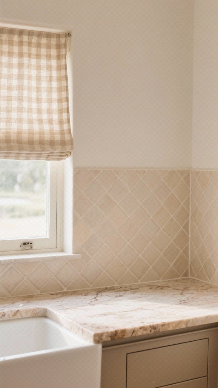 Closeup of subtle beige pattern play: a tone-on-tone herringbone backsplash layout using the same beige tile, a micro-check cafe curtain in sandy beige at a small window, and warm stone counter with gentle watercolor-like veining; low-contrast palette reads as texture from a distance; soft morning light, straight-on detail composition