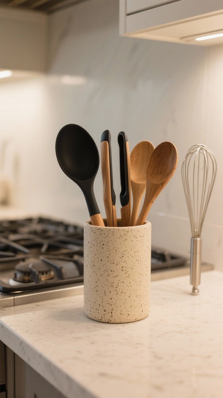 Closeup on countertop near stove: a tall beige-speckled utensil crock keeping tools upright; sorted by use—heat-safe silicone spatulas and tongs nearest the range, wooden spoons and a whisk beside; palette tight with warm beige crock, natural wood handles, one black ladle accent; gentle under-cabinet lighting highlights speckling and texture.