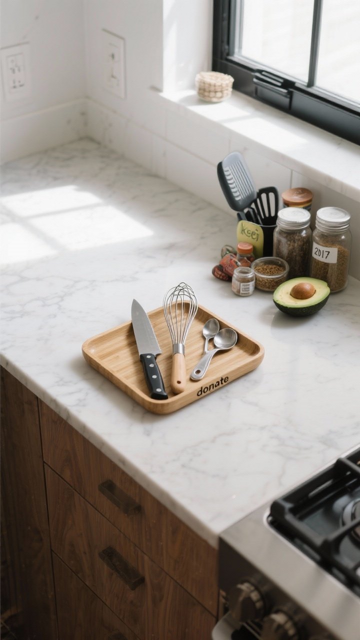 Closeup overhead shot of a kitchen island during a declutter edit: a clean white quartz countertop with neatly grouped “keep” items (one chef’s knife, one whisk, one spatula, a single set of measuring spoons) and a separate minimalist bamboo tray labeled “donate” holding duplicate tools and a single-purpose avocado slicer; a small pile of expired spice jars including an old cumin labeled 2017 off to the side; neutral palette of white, black, and warm wood, soft natural window light, crisp shadows, no people.