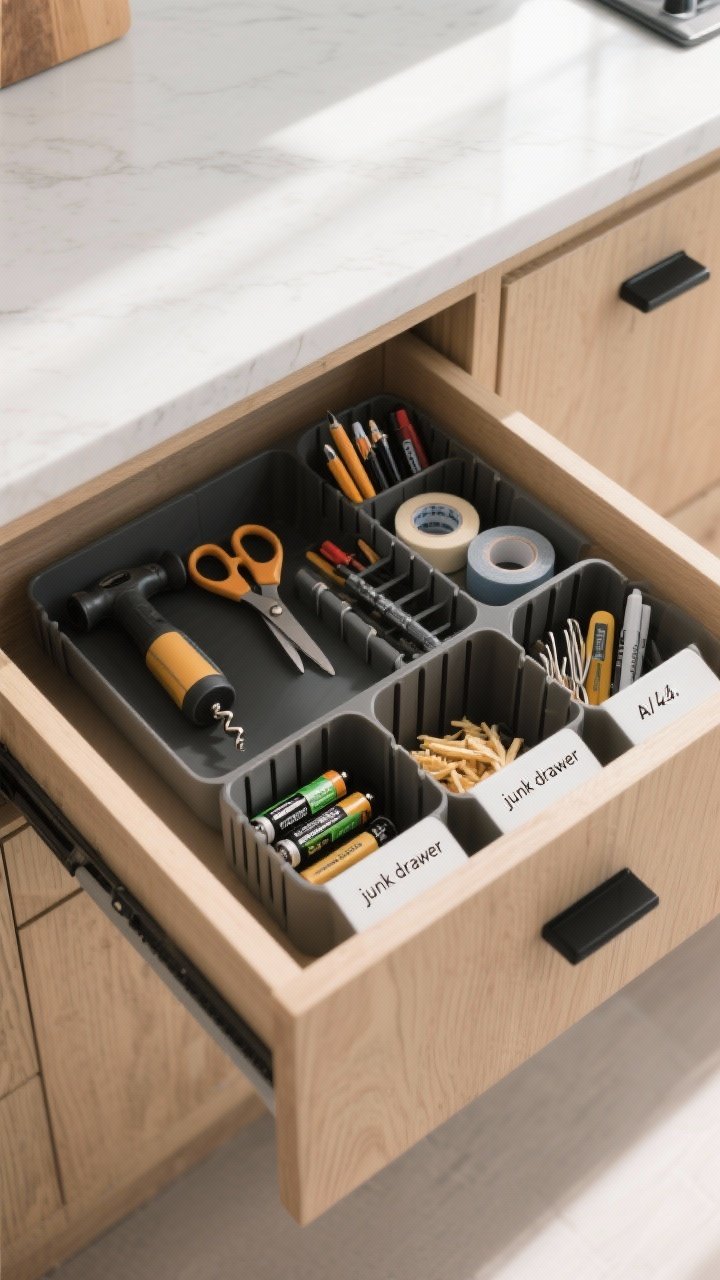 Closeup, overhead view of an open kitchen “junk drawer” organized with modular dividers and small bins creating micro-zones: tools, writing utensils, batteries, and chip clips. Include one neatly labeled wine opener (not five), scissors, tape, AA/AAA batteries, markers. Subtle, minimalist labels on the inside lip of the drawer. Warm natural morning light from the side, pale wood drawer with matte black hardware, clean white quartz counters, no clutter outside the drawer. Photorealistic texture of wood grain and matte plastic dividers.