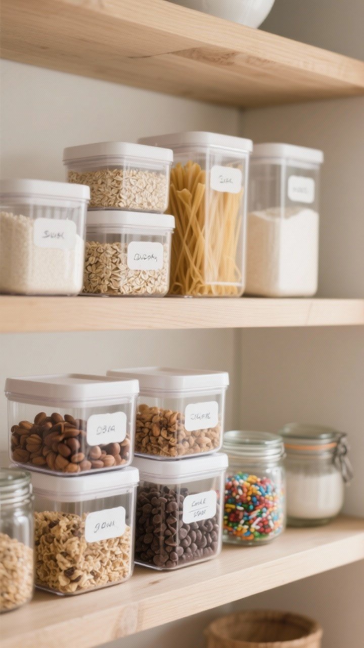 Closeup, straight-on: A minimalist pantry shelf with dry goods decanted into clear, stackable square containers and assorted glass jars (flour, sugar, pasta, rice, oats, beans, nuts, granola, chocolate chips, sprinkles). Each container has clean white vinyl labels or handwritten paint pen labels. Soft, warm natural light highlights the clarity and uniformity; neutral backdrop with light wood shelves for a high-end, organized look.