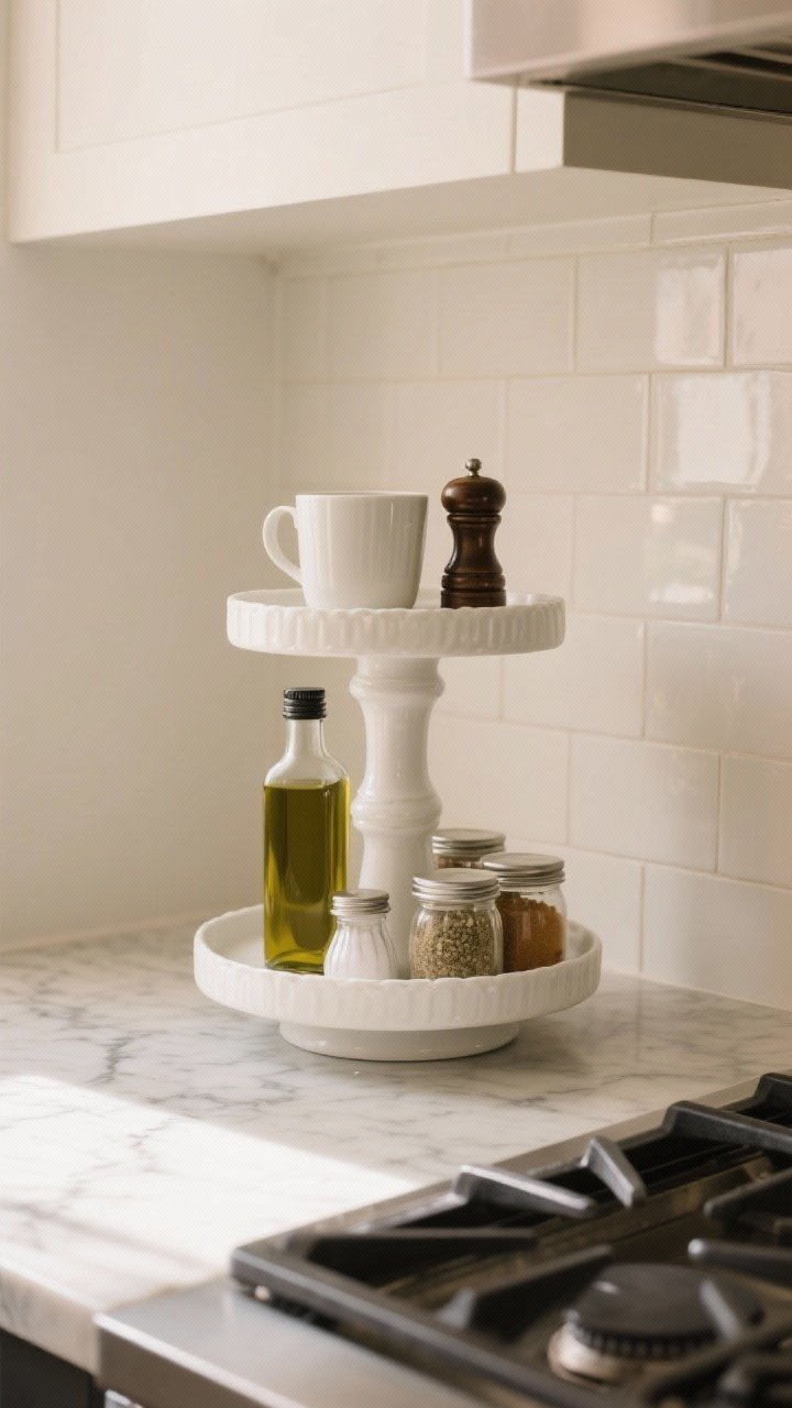 Closeup, straight-on: A white ceramic cake stand used as vertical storage by the stove, top tier holding a small mug and pepper mill, lower base with olive oil bottle, salt cellar, and most-used spice jars; set on a light marble countertop with a subtle gray veining, soft natural morning light from the left, warm neutral palette, minimal backsplash tile texture, pedestal makes the arrangement look curated and tidy.