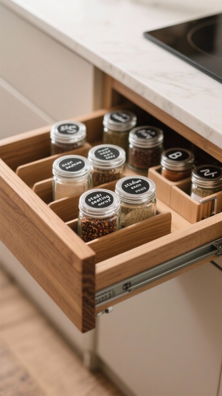 Closeup, straight-on shot of a spice organization system in a shallow drawer with angled inserts: uniform glass jars with black-and-white clear labels on lid tops, alphabetized; purchase dates visible; warm wood drawer box contrasts with matte glass; ambient kitchen light with a soft highlight; a small five-jar mini spice caddy off to the side for everyday staples; focus on crisp type, glass clarity, and “stadium seating” effect ensuring no jar hides.