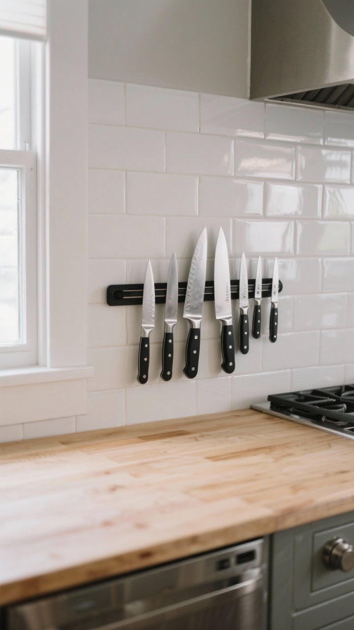 Closeup, straight-on view of a matte black magnetic knife strip mounted above a light wood butcher-block prep area (not near the stove), holding a curated set of everyday knives with polished stainless blades aligned neatly; modern kitchen backdrop with brushed stainless hardware and soft natural window light creating subtle reflections on the knives; clean white subway tile wall; mood: functional, minimal, oddly stylish wall art.