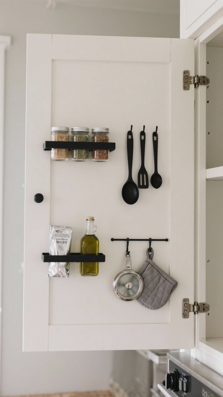 Closeup, straight-on view of the inside of a white shaker-style cabinet door in a small kitchen, outfitted with slim matte-black shallow racks holding spice jars, a foil box, and a small olive oil bottle; adhesive hooks neatly hanging measuring spoons and a gray oven mitt; a thin clip bar securing two pot lids; all hardware kept low-profile so the door can close flush. Neutral palette with black hardware accents, soft natural daylight, crisp photorealistic detail emphasizing the slim depth and clean measurements.