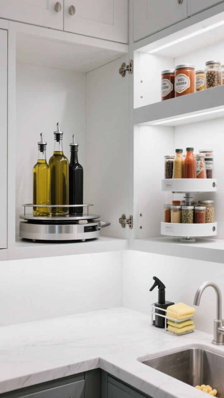 Closeup, three-quarter angle inside a deep corner cabinet: a low-lip turntable with tall oils and vinegars spinning into view; adjacent shelf shows a high-lip turntable corralling sauces and jars; a two-tier turntable showcases neatly arranged spice bottles; optional placement under-sink with sprays and sponges visible; balanced cool-white cabinet lighting, emphasis on smooth rotation and easy access.
