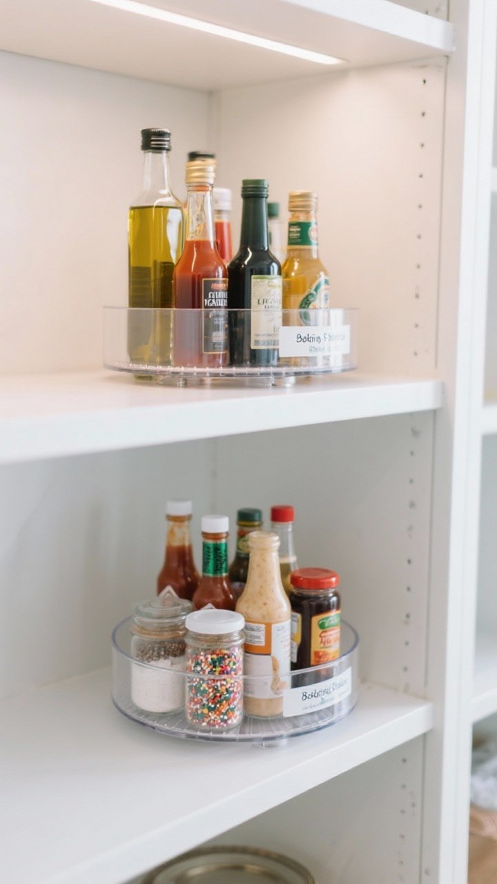 Corner-angle closeup of a pantry shelf with two clear acrylic lazy Susans: one corraling tall oils and vinegars, one for condiments like hot sauces, dressings, and syrups; a double-decker turntable holds sprinkles, extracts, and baking powder; high-rim edges prevent tipping; labels visible from above through transparent surfaces; gentle overhead lighting creates soft reflections on acrylic; clean white shelf and subtle texture on bottle labels.