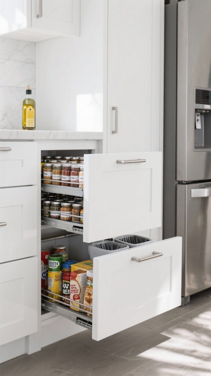 Corner-angle detail shot of kitchen base cabinets featuring multiple pull-out solutions: a slim 6-inch tiered spice pull-out packed with labeled spice jars, a full-height pull-out pantry beside the fridge holding oils and canned goods, and a double-bin trash and recycling pull-out; soft-close slides extended, matte nickel handles, cool daylight reflecting off clean white fronts; depth shown as fully accessible, no dark cabinet voids.