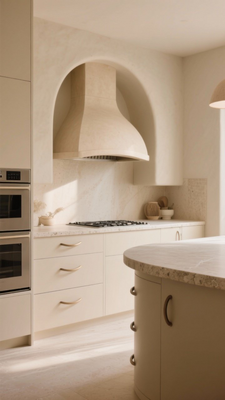 Corner-angle medium shot: beige kitchen featuring soft curves—arched hood detail, rounded island corners with gently curved stone edges, and curved cabinet pulls; balanced with a few clean, straight lines in cabinetry for modernity; curve motif appears 2–3 times for cohesion; warm, natural light accentuating silhouettes, photorealistic.