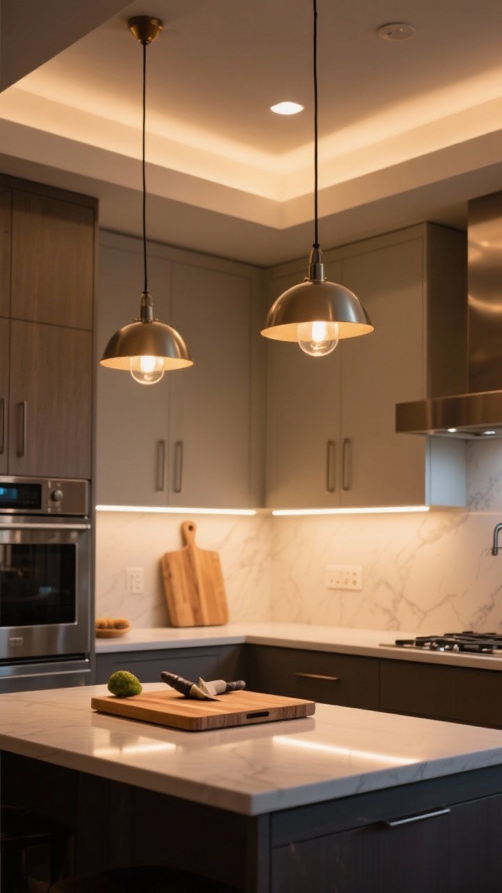 Corner-angle medium shot: Layered kitchen lighting—recessed ambient lights, bright under-cabinet LED task strips illuminating a chopping board, and two accent pendants hung 30–36 inches above the island; dim, warm evening glow with dimmers engaged; fixtures complement cabinet style and metal mix; photorealistic.