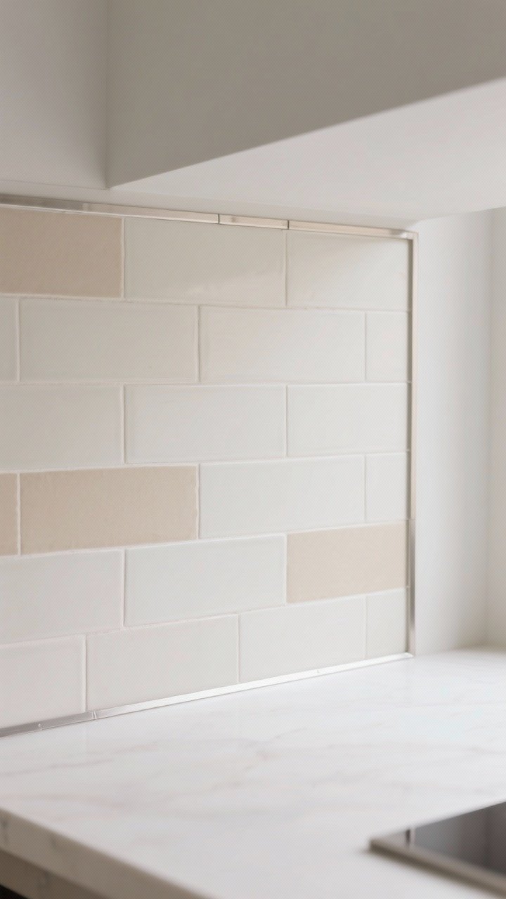 Corner-angle medium shot of a backsplash in slim rectangular tiles stacked in tight linear rows horizontally, in a soft neutral palette (cream/sand/greige); grout closely color-matched; matte/eggshell finish for sophistication; schluter edging in a matching metal tone creating a crisp stop line; minimalist, quietly modern rhythm