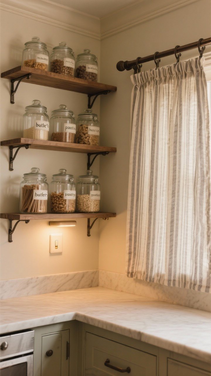 Corner angle, medium shot of a created “butler’s pantry”: adjustable wall shelves in a small alcove, lined with matching glass jars of staples, linen or ticking stripe curtain panel on a tension rod concealing lower shelves; include a small stick-on battery light glowing beneath a shelf for built-in-like illumination; warm, cozy color palette with natural textures; mood: purposeful, classic pantry vibe