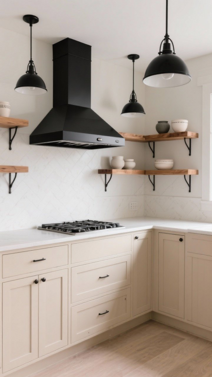 Corner angle medium-wide: Mushroom beige lower cabinets with micro-beveled shaker profiles, natural oak uppers and open shelves displaying simple ceramics; matte black hardware, black pendant lighting, and a bold black range hood as focal point; light countertop to balance the black accents; soft, calm, modern-traditional aesthetic.