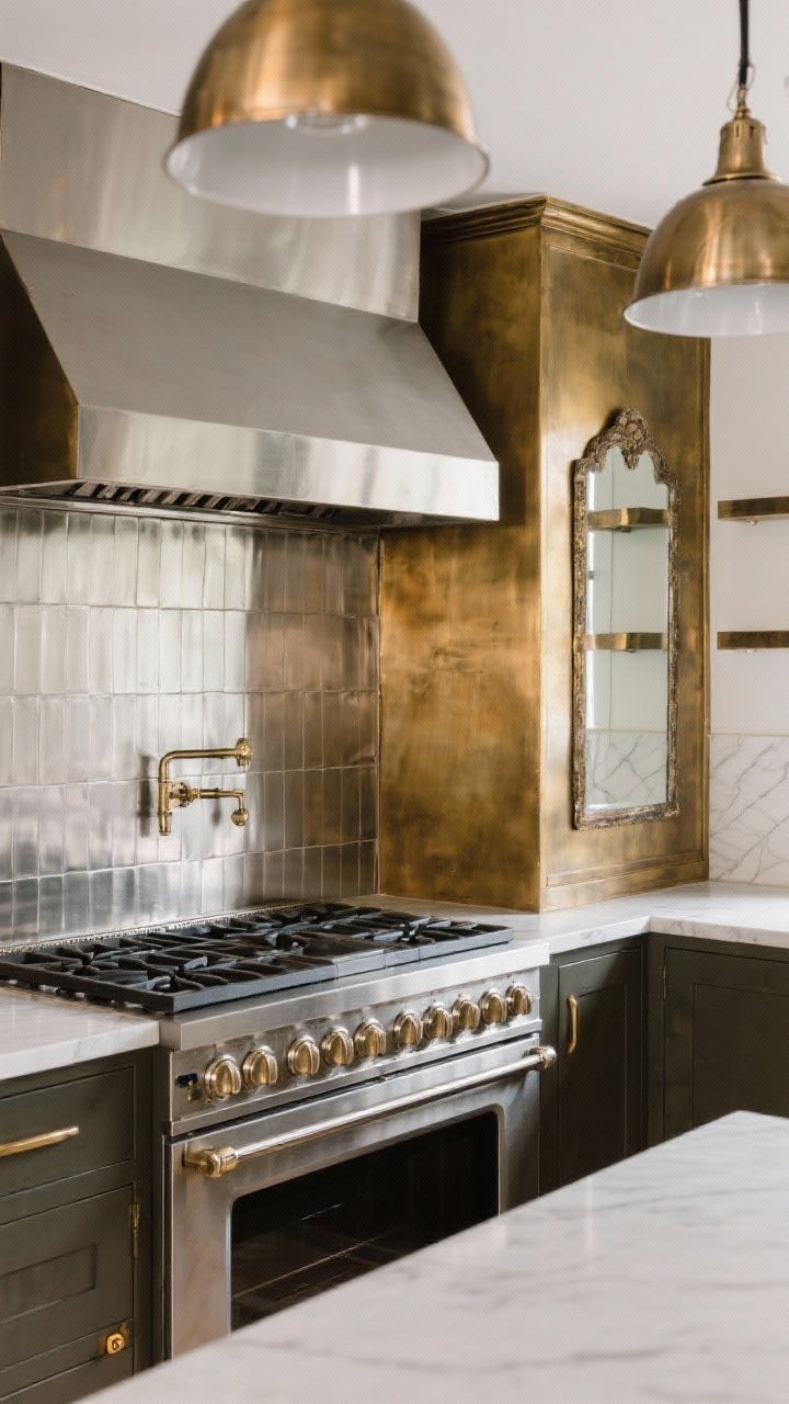 Corner angle shot: Metallic backsplash composition—brushed stainless behind the range for easy cleanup, warm brushed brass panel adjacent, and an antiqued mirror section behind open shelving; reflective surfaces bounce light and add depth without glare, finishes chosen to hide fingerprints, metals echoed in pendant lights and cabinet hardware.