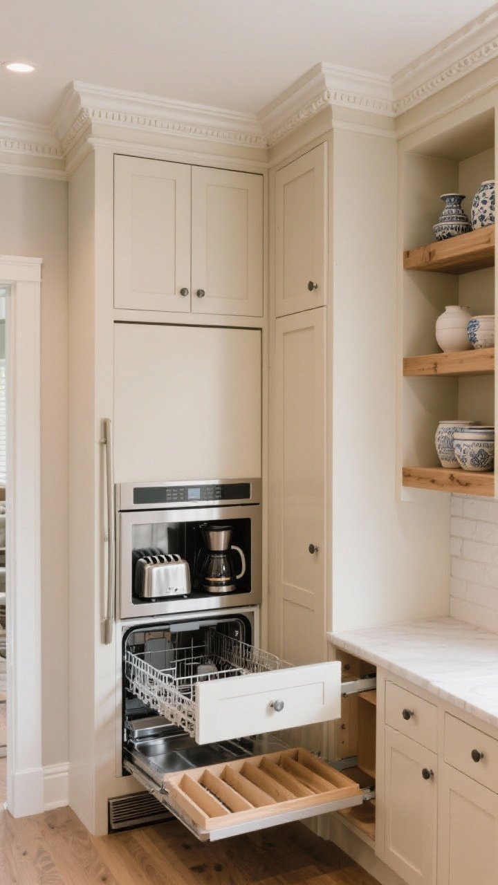 Corner angle shot of custom-looking storage: panel-ready dishwasher and fridge blended with beige cabinet fronts, an appliance garage door slightly ajar revealing a toaster and coffee maker, pull-out tray partially extended with dividers visible; open wood shelf with a restrained selection of ceramics; crown molding and fillers finishing the upper run to the ceiling for a built-in feel.