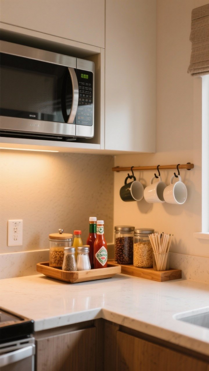 Corner medium shot of a compact heat-and-eat station: a microwave on a dedicated shelf, a tray/turntable corralling salt, pepper, hot sauce, and daily condiments; a small mug shelf with hooks displaying mugs, plus canisters of tea, coffee, sweeteners, and stirrers; visually contained with a wood tray and a small riser; warm ambient light with a soft shadow, clean counters, cozy yet uncluttered.