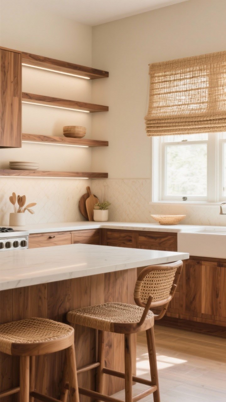 Corner medium shot: warm wood and woven accents layered into a beige kitchen—thin walnut open shelves with integrated linear lighting, oak counter stools with woven rattan seats at a maple island, and woven seagrass Roman shades at the window; cohesive wood tones (two species max), soft afternoon light enhancing natural textures.