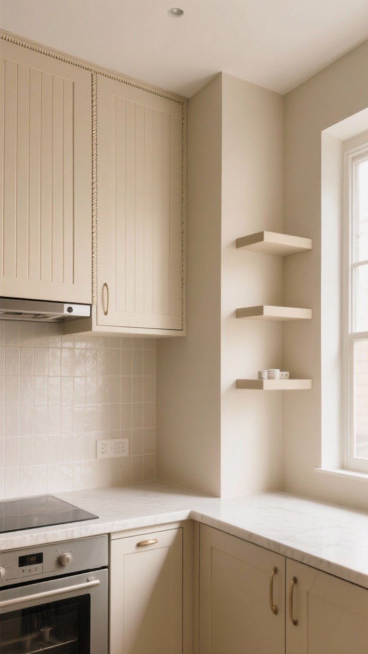 Corner wide shot upward: Small beige kitchen emphasized by verticality—full-height beige uppers matching wall color, fluted or beaded cabinet fronts adding subtle rhythm, and a tall backsplash of tiles running to the ceiling behind a slim hood. Open shelves rising high on one wall. Light bouncing softly to make the room feel taller and sleeker; minimal counter clutter, photorealistic.