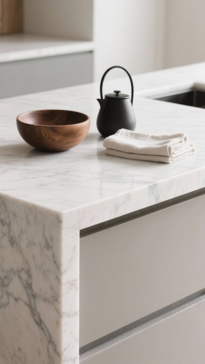 Detail closeup: A continuous countertop in lightly veined white quartz flowing into a waterfall island edge; minimal seams, soft satin sheen; on the counter, exactly two to three sculptural items: a smooth wooden bowl, a matte-black kettle, and a casually draped linen towel; calm, diffuse light highlighting the gentle veining and crisp edge.