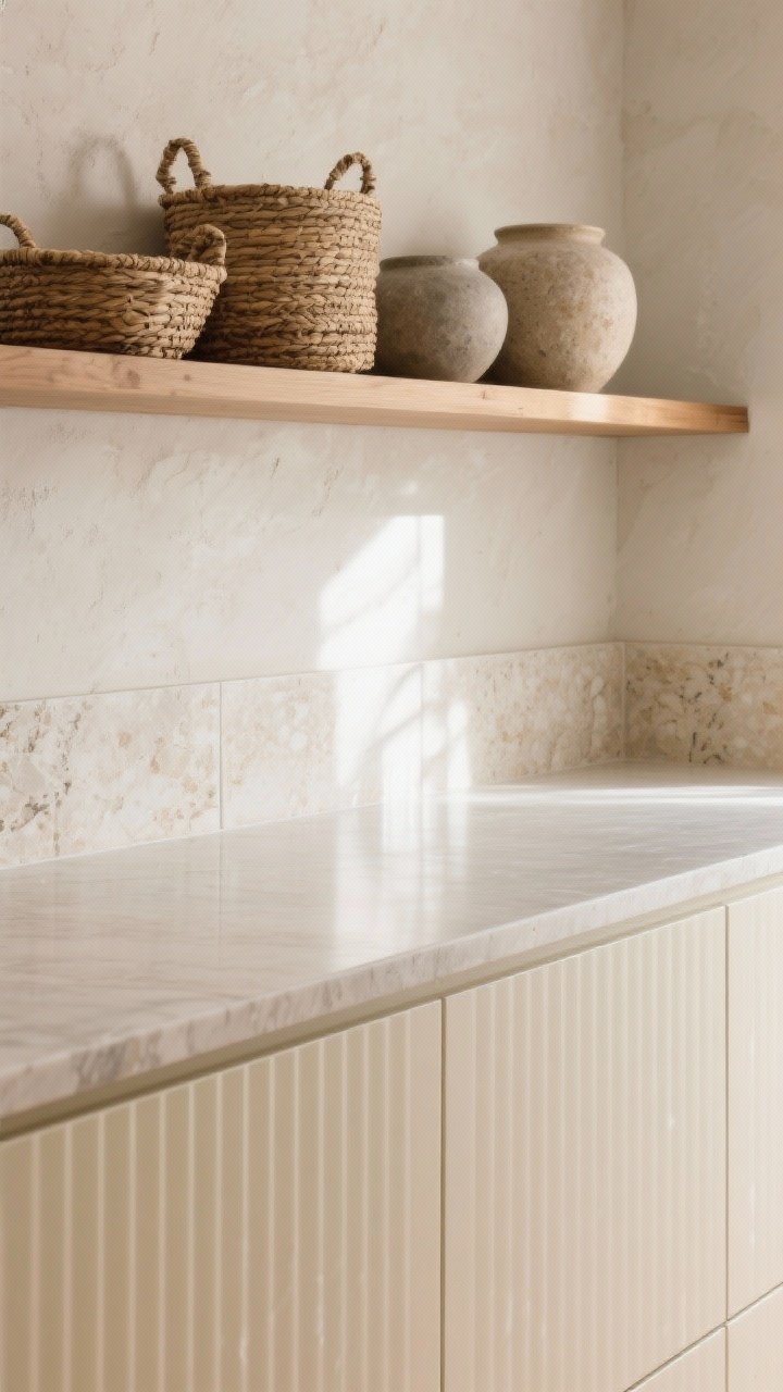 Detail closeup: A tight shot of ribbed beige cabinet fronts meeting a high-gloss cream backsplash, honed stone countertop edge visible, adjacent microcement wall texture softly lit; a natural oak floating shelf above holding woven baskets and stoneware, subtle morning light grazing surfaces to emphasize mixed textures.