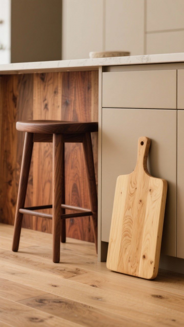 Detail closeup: A vignette showing mixed wood tones for depth—light oak flooring meeting a darker walnut counter stool leg, with a blond maple cutting board leaning against a beige cabinet panel. Neutral/cool-brown undertones only, avoiding red/orange woods. Soft side lighting reveals grain variation; repeat each wood tone twice in frame for cohesion.