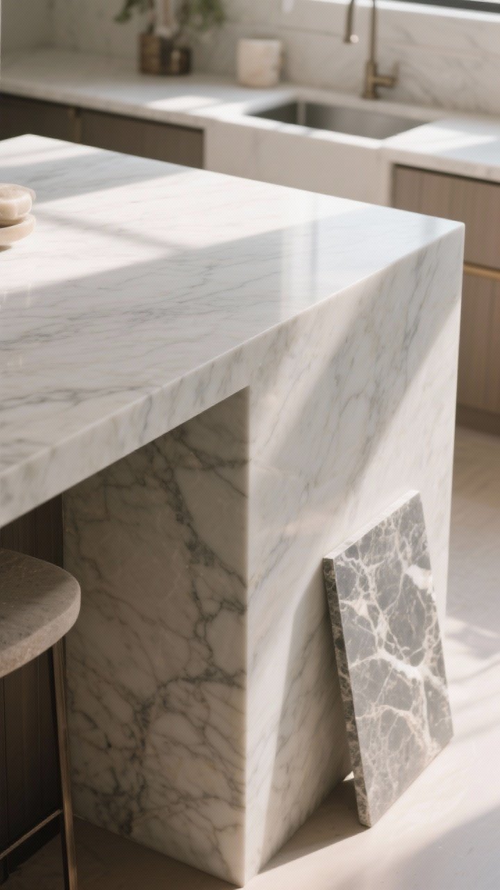Detail closeup, angled: Quiet-luxury countertops featuring honed quartz with subtle veining, eased square edge profile; a waterfall island corner showing satin finish and gentle light play; a soapstone sample and sealed marble board nearby to suggest options; soft morning light emphasizing the matte, serene surface rather than glare.