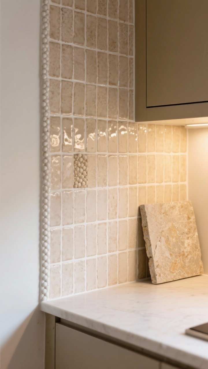 Detail closeup at an angle: textured zellige backsplash in soft sand tone, handmade ceramic with slight sheen and variation; vertical stack layout to feel fresh; warm white/bone grout; honed beaded stone accent sample leaning nearby; warm under-cabinet glow catching the uneven tile surface so it gently shimmers.