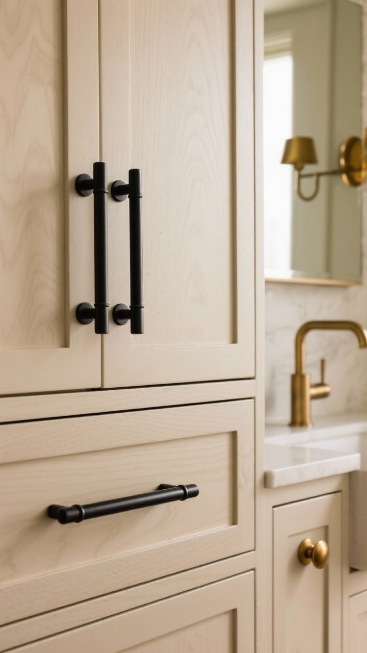 Detail closeup: Bold hardware on beige cabinetry—matte black bar pulls on a large drawer front, brushed brass knob on a smaller cabinet door nearby, with a mixed-metal scheme repeated via a black pull, brass wall sconce reflection, and a coordinating faucet. Include an upgraded faucet in brushed brass contrasting the black pulls. Soft, even warm lighting highlights the metal finishes and the cabinet’s subtle wood grain.