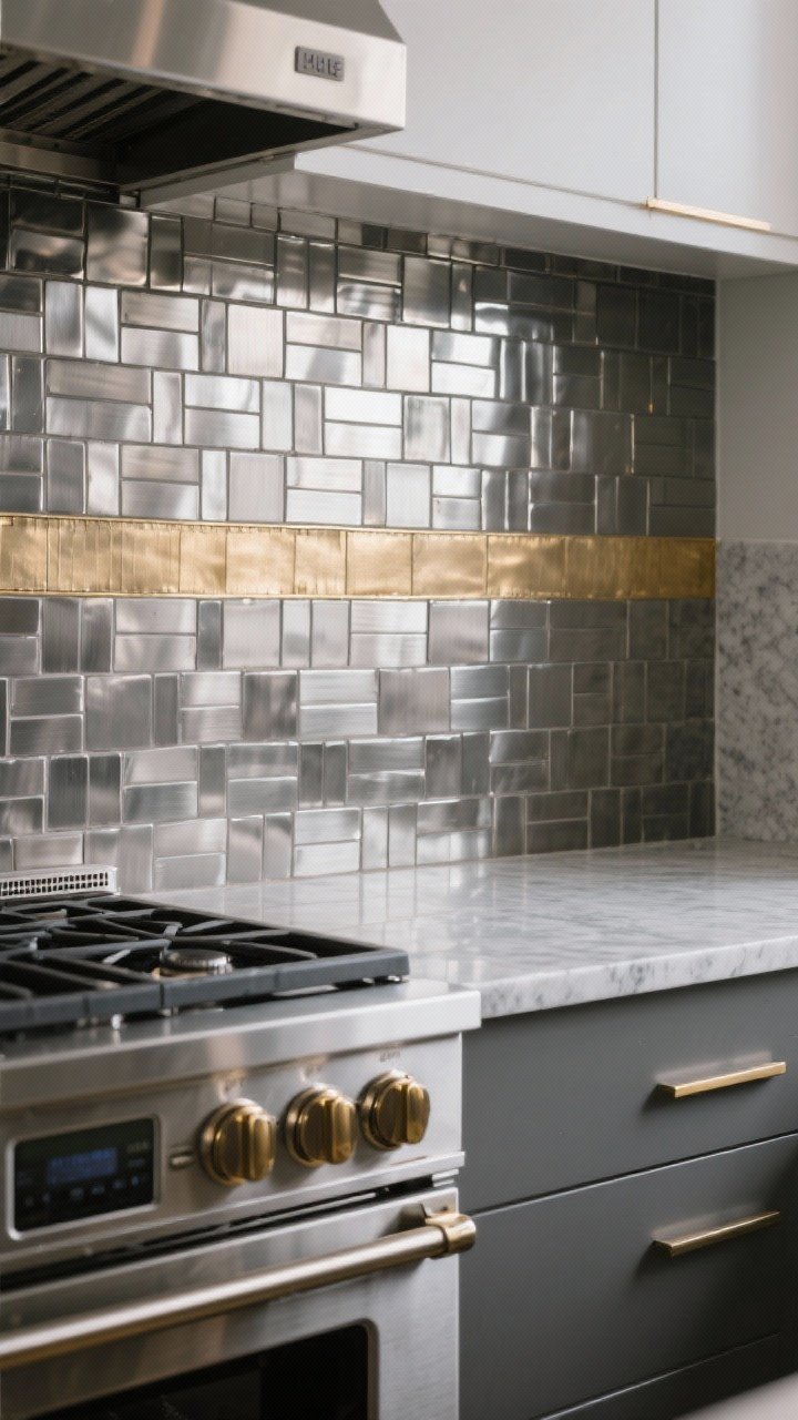 Detail closeup: brushed metal backsplash tiles behind a range—mix of stainless steel mosaic in a satin finish and a narrow accent strip of brushed brass; gray quartz countertop in frame to show compatibility; the matte sheen diffuses reflections, tying in stainless appliances and warm brass hardware; softly lit to avoid harsh glare, photorealistic.