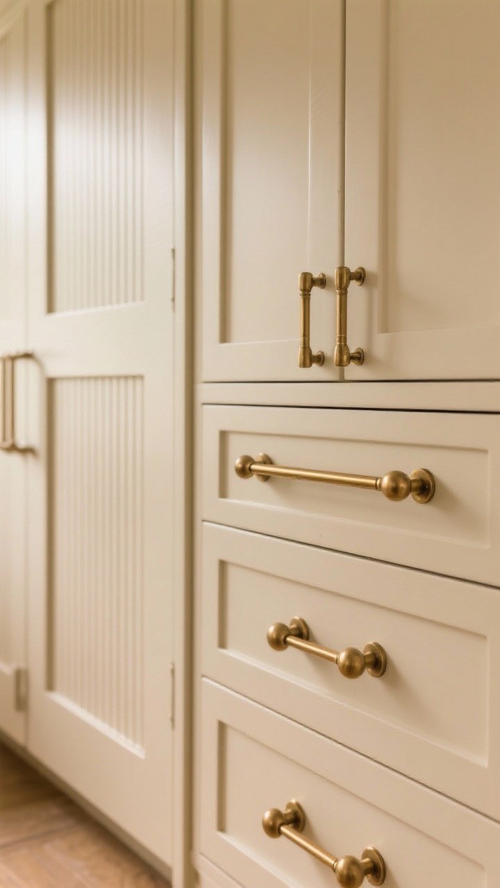 Detail closeup: Custom-looking hardware on beige cabinets—mix of substantial 10-inch brushed brass pulls on lower drawers, rounded knobs on uppers, a reeded T-bar pull on a pantry door, and slim backplates on slab drawers; finishes read warm and refined; soft, warm lighting accentuates sheen and shape; photorealistic.