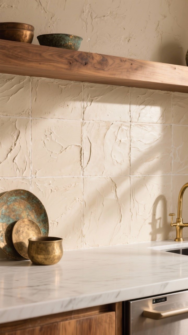 Detail closeup: Hand-troweled plaster backsplash in warm neutral tones with gentle variations and soft movement, no grout lines, sealed for kitchen use; warm wood floating shelf above and patinaed brass accessories below add contrast, afternoon light grazes the surface to reveal the subtle texture and quiet luxury vibe.