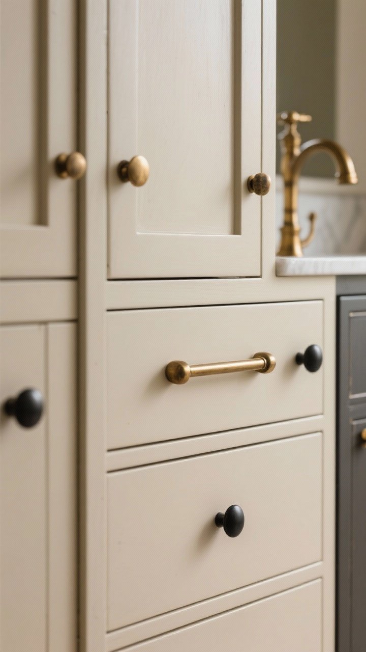 Detail closeup: Hardware on beige drawers and doors—brushed brass bar pulls on wide drawers and small matte black round knobs on doors; an antique brass faucet nearby to tie finishes together; satin sheen, not mirror-shiny; soft directional light emphasizes the metal textures without glare, showing the mix-not-match approach.