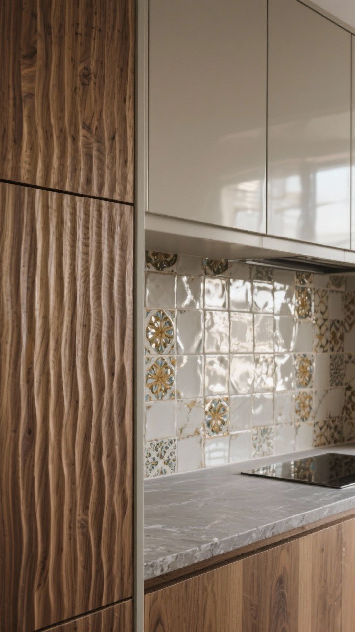Detail closeup: Layered textures vignette—fluted wood paneling detail catching soft side light, adjacent glossy zellige tiles with hand-glazed variation reflecting highlights, and a matte stone countertop meeting lacquered upper cabinetry; the interplay of matte, glossy, and tactile surfaces is balanced, with one hero texture (fluted wood) repeated on a nearby panel; photorealistic.