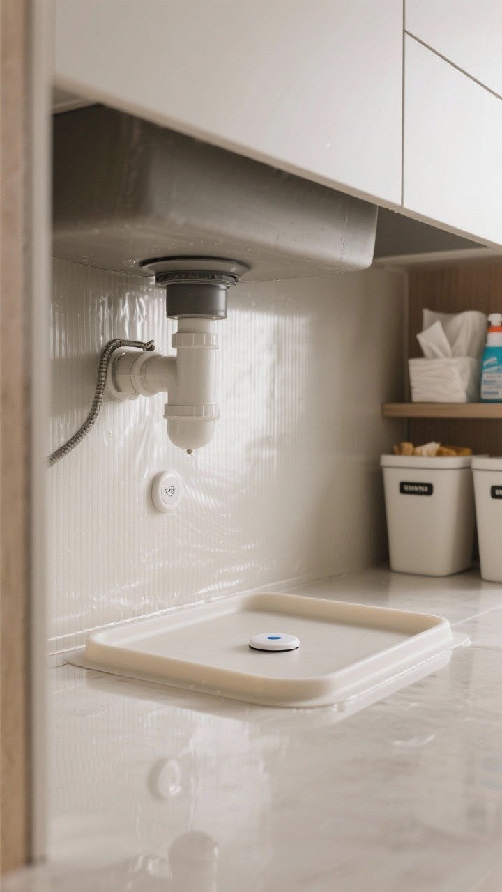 Detail closeup, low-angle shot of moisture protection: a waterproof cabinet liner with subtle ribbed texture and a silicone tray/mat beneath the plumbing area; a compact smart leak sensor puck placed at the lowest point; gentle reflection from the liner’s surface, soft neutral palette; side lighting enhances texture; nearby, clearly labeled bins avoid paper goods and delicate cleaners.