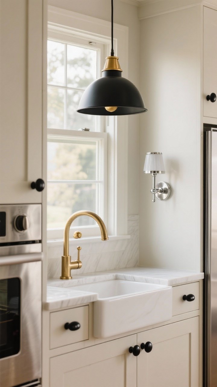 Detail closeup: Mixed-metal hardware and fixtures on light cabinetry—matte black cabinet pulls as the dominant finish, a warm brushed brass faucet at the sink, and a polished chrome sconce reflected in the window; include stainless steel appliance face nearby as a neutral backdrop; repeat finishes at least three times (black knobs, black pendant canopy, brass faucet, brass knob, chrome sconce); soft morning light for a curated, layered feel.
