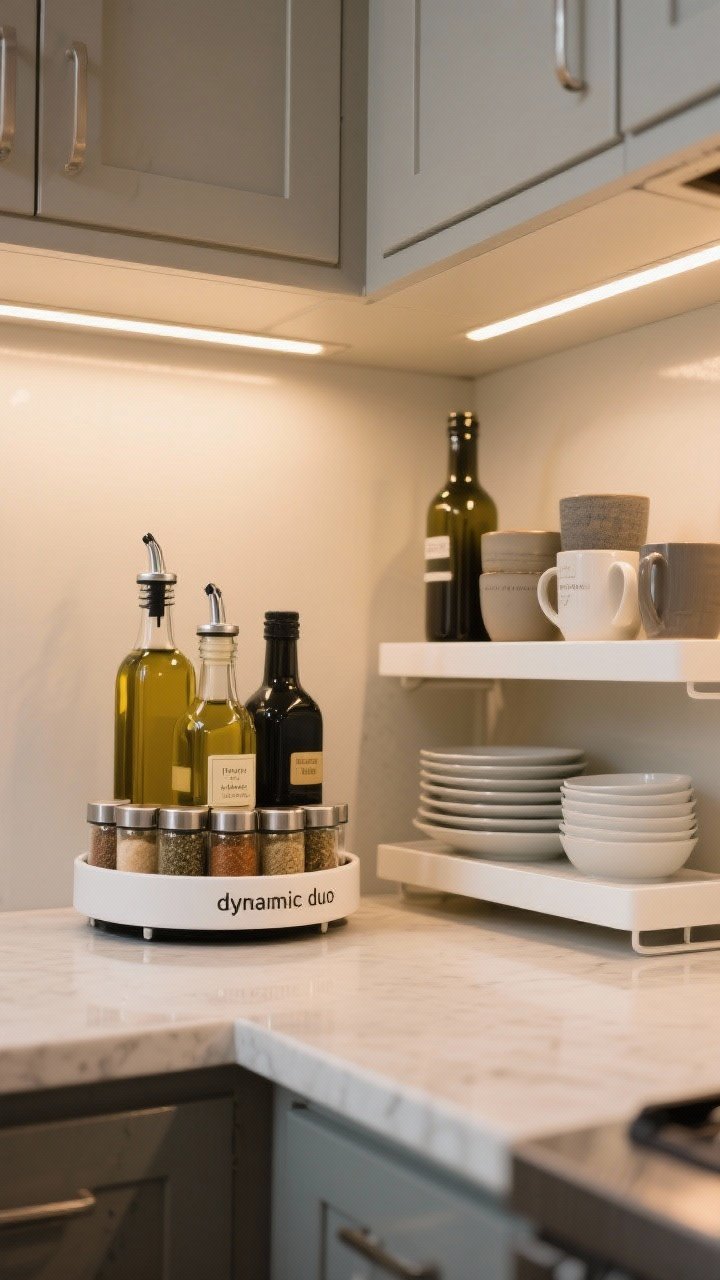 Detail closeup of a cabinet corner and shelf showing organizational “dynamic duo”: a turntable (lazy Susan) holding oils and vinegars with a slight lip catching drips, a tiered spice rack making every label visible, and a white shelf riser neatly stacking dishes and mugs without wobble. Warm under-cabinet lighting glows across glossy bottles and matte ceramics, highlighting texture and easy access.