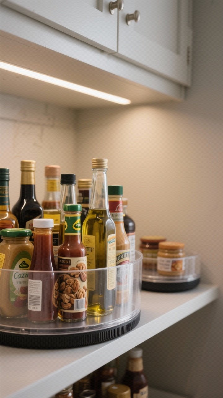 Detail closeup of a Lazy Susan in use: a high-sided, non-slip turntable on a pantry shelf loaded with oils, sauces, syrups, and nut butters, all visible and upright; a second small turntable in the background of a corner cabinet. Materials: clear or frosted sides, rubberized base; soft ambient kitchen light with gentle highlights on bottle glass and labels.