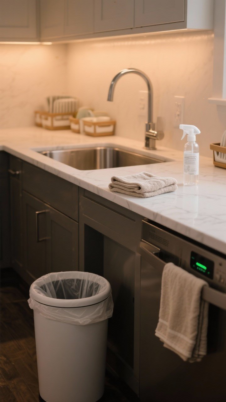 Detail closeup of a nightly cleaning reset: freshly wiped stainless sink and white quartz counter with a folded neutral microfiber cloth and a minimal, clear-labeled spray bottle; counters cleared with caddies and trays back in place; dishwasher light indicating a cycle running; empty trash can with a new liner and a fresh set of neatly folded matching dish towels; warm evening under-cabinet lighting for a tidy, ready-for-tomorrow feel.