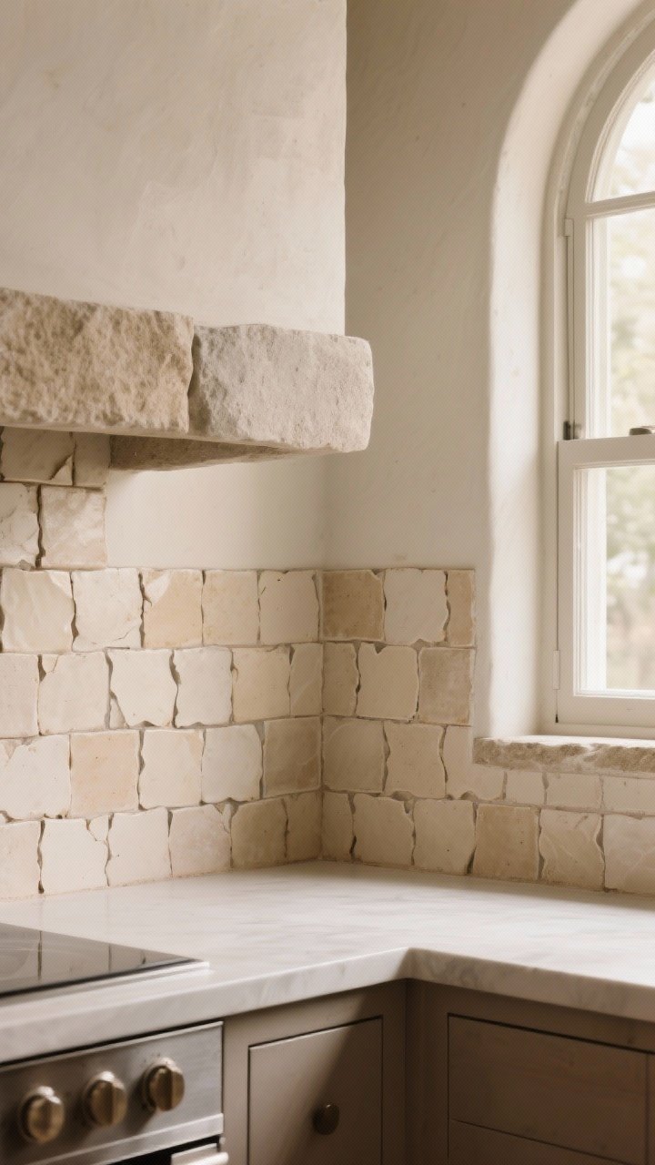 Detail closeup of a show-stopping neutral backsplash: hand-glazed beige zellige tiles with irregular edges and subtle tonal movement set in matching grout, transitioning to a rounded stone return wrapping neatly into a window reveal; alternative area in frame shows a large-format slab section with a stacked-bond pattern nearby; soft natural light rakes across to reveal texture; photorealistic.