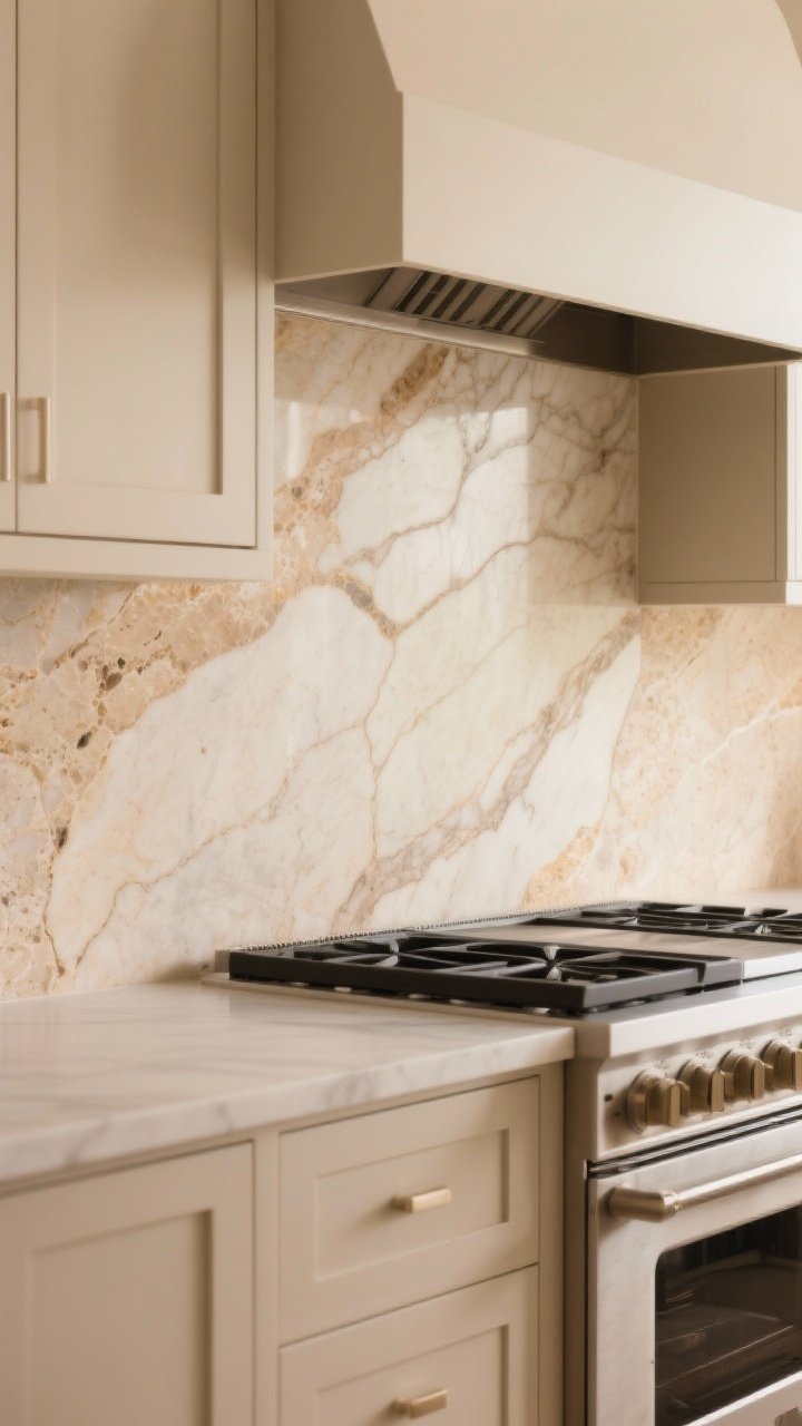 Detail closeup of a stone backsplash with gentle movement: honed travertine or warm-undertone marble slab running up the wall behind a range, subtle veining visible, creamy beige cabinetry framing the scene; low-sheen finish and minimalistic composition; warm, even lighting to reveal natural stone texture.