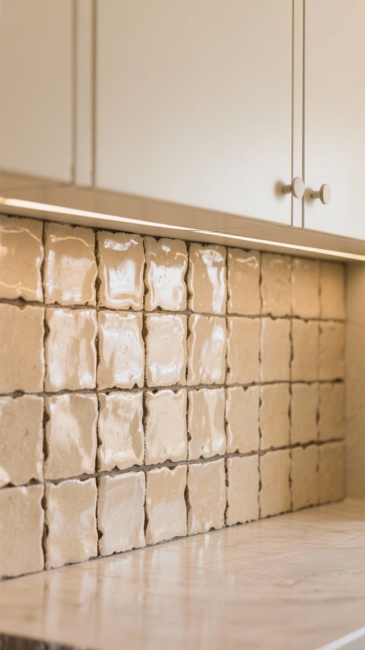 Detail closeup of backsplash: Handmade-look zellige-style tiles in warm beige stacked vertically, with soft glaze and irregular edges. Grout a shade darker so the pattern reads softly. Beige cabinets frame the tile; subtle reflections in the glaze, gentle under-cabinet lighting enhances texture without noise.
